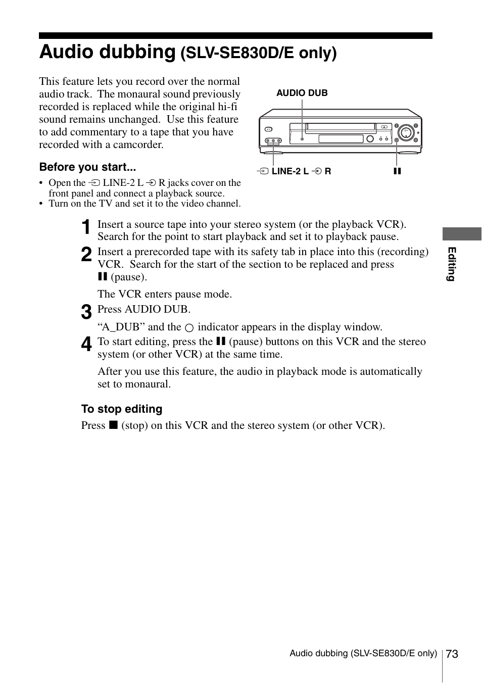 Audio dubbing (slv-se830d/e only), Audi, Audio dubbing | Slv-se830d/e only) | Sony SLV-SE230D User Manual | Page 73 / 80