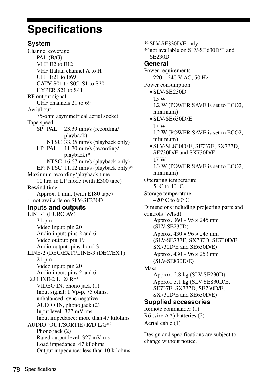 Specifications, Specif | Sony SLV-SE230D User Manual | Page 78 / 80