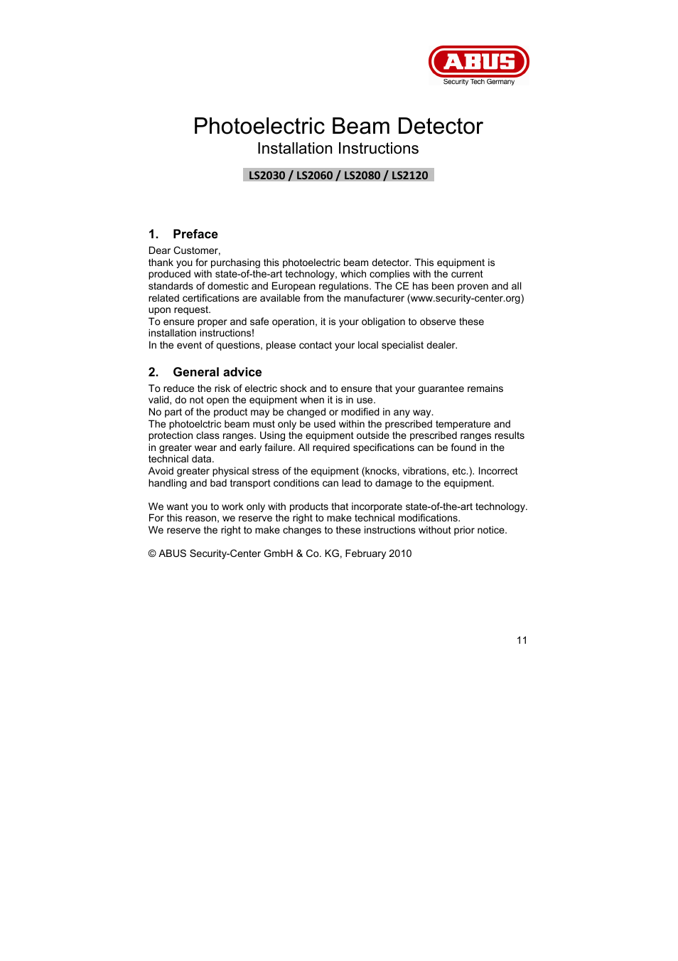 Photoelectric beam detector | ABUS LS2120 Profiline infrared Light beam User Manual | Page 11 / 43
