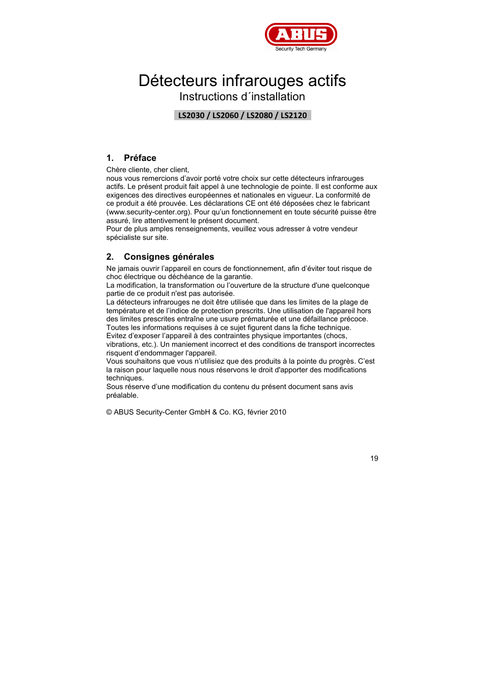Détecteurs infrarouges actifs, Instructions d´installation | ABUS LS2120 Profiline infrared Light beam User Manual | Page 19 / 43