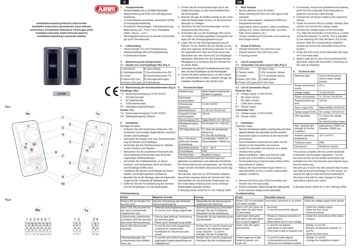 ABUS LS1020 Ecoline infrared light beam User Manual | 2 pages