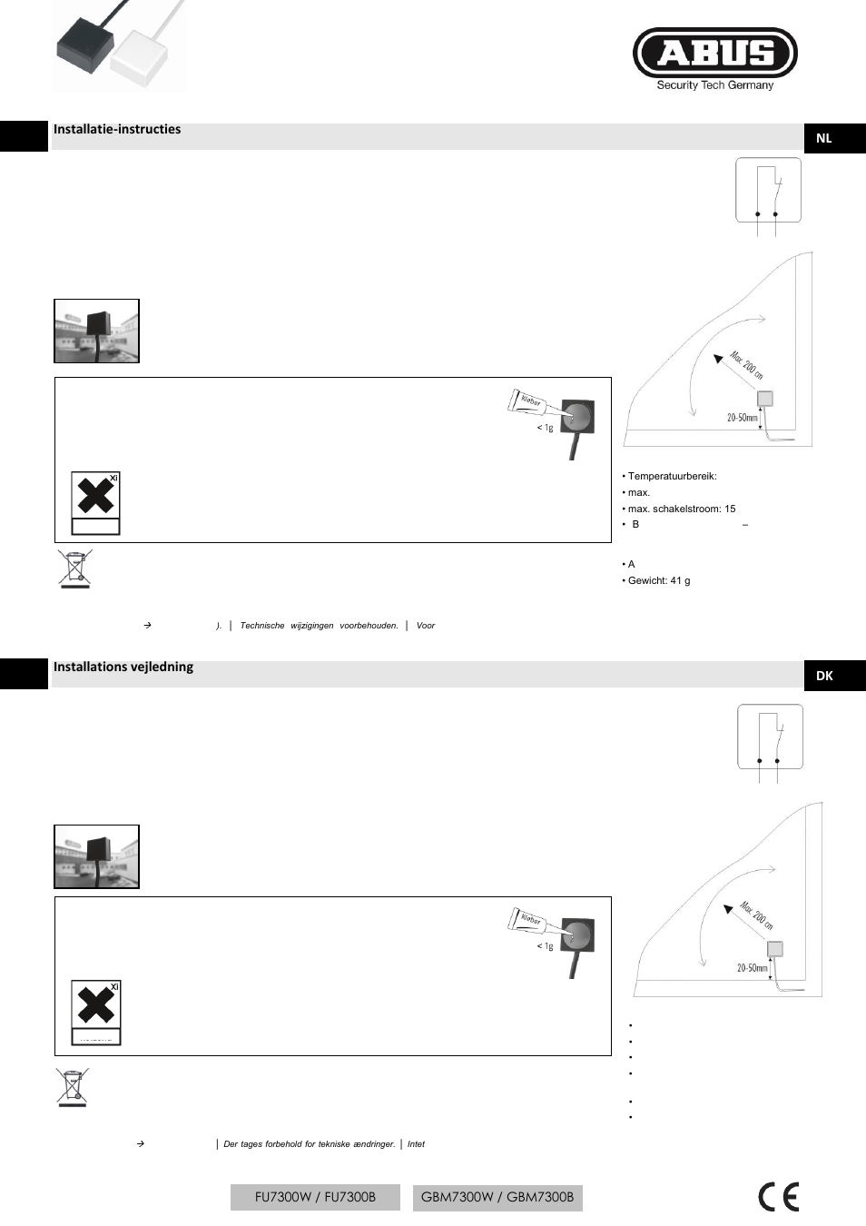 Installatie-instructies, Installations vejledning, Nl dk | ABUS FU7300 Potential-free glass breakage detector User Manual | Page 3 / 4