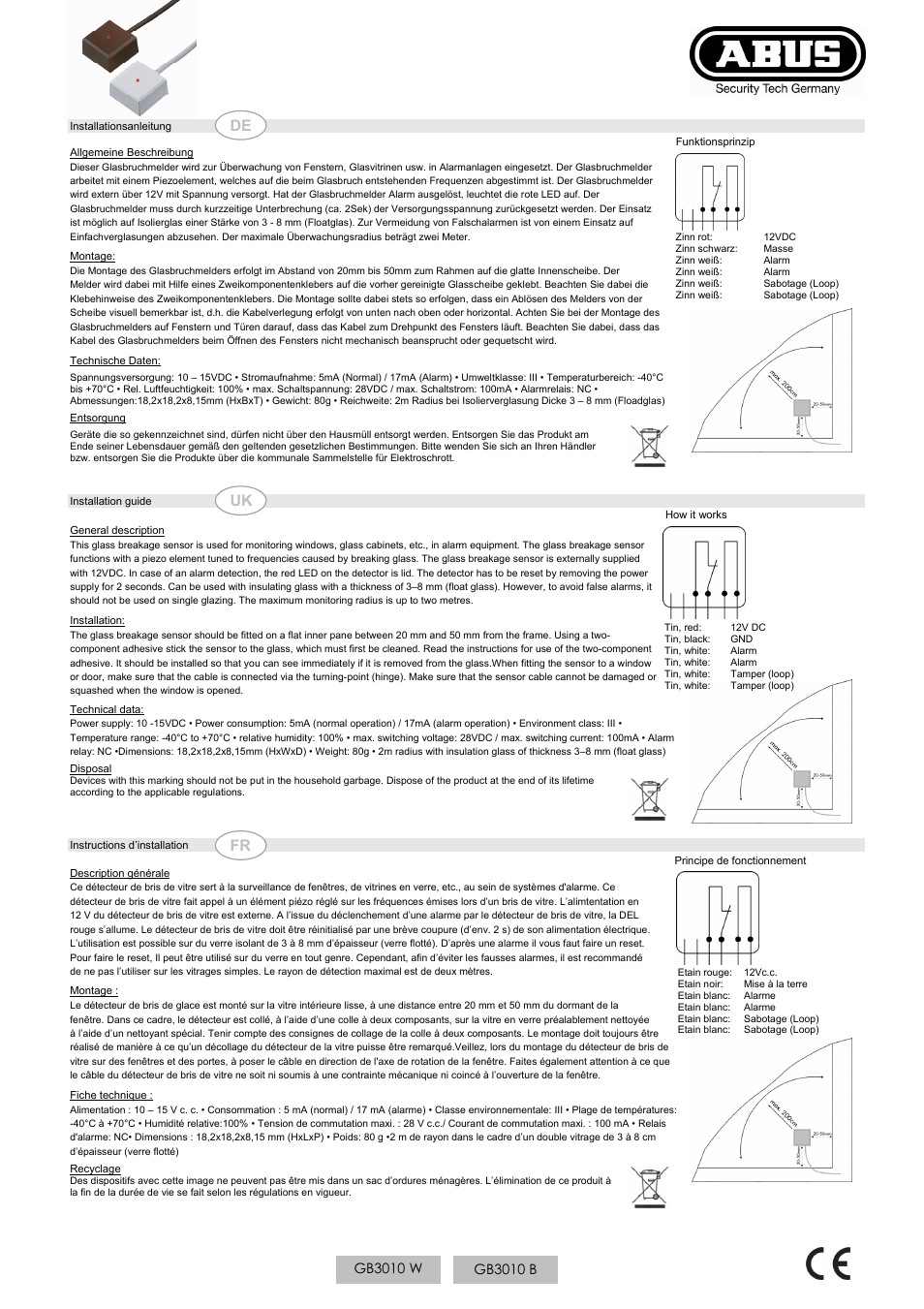 ABUS GB3010 Glass breakage detector 12 V User Manual | 2 pages