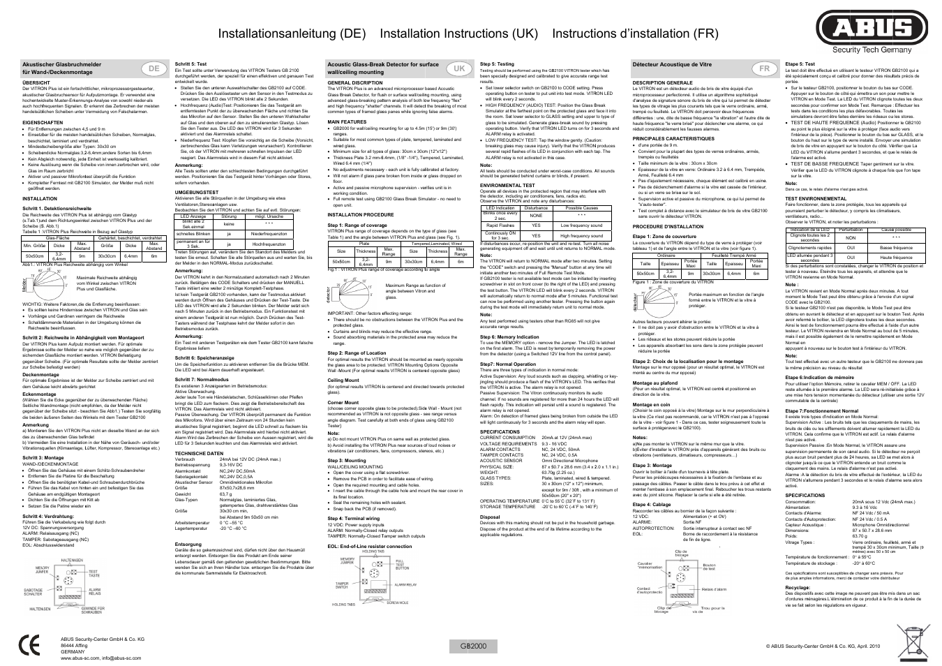 ABUS GB2000 Acoustic glass breakage detector User Manual | 2 pages