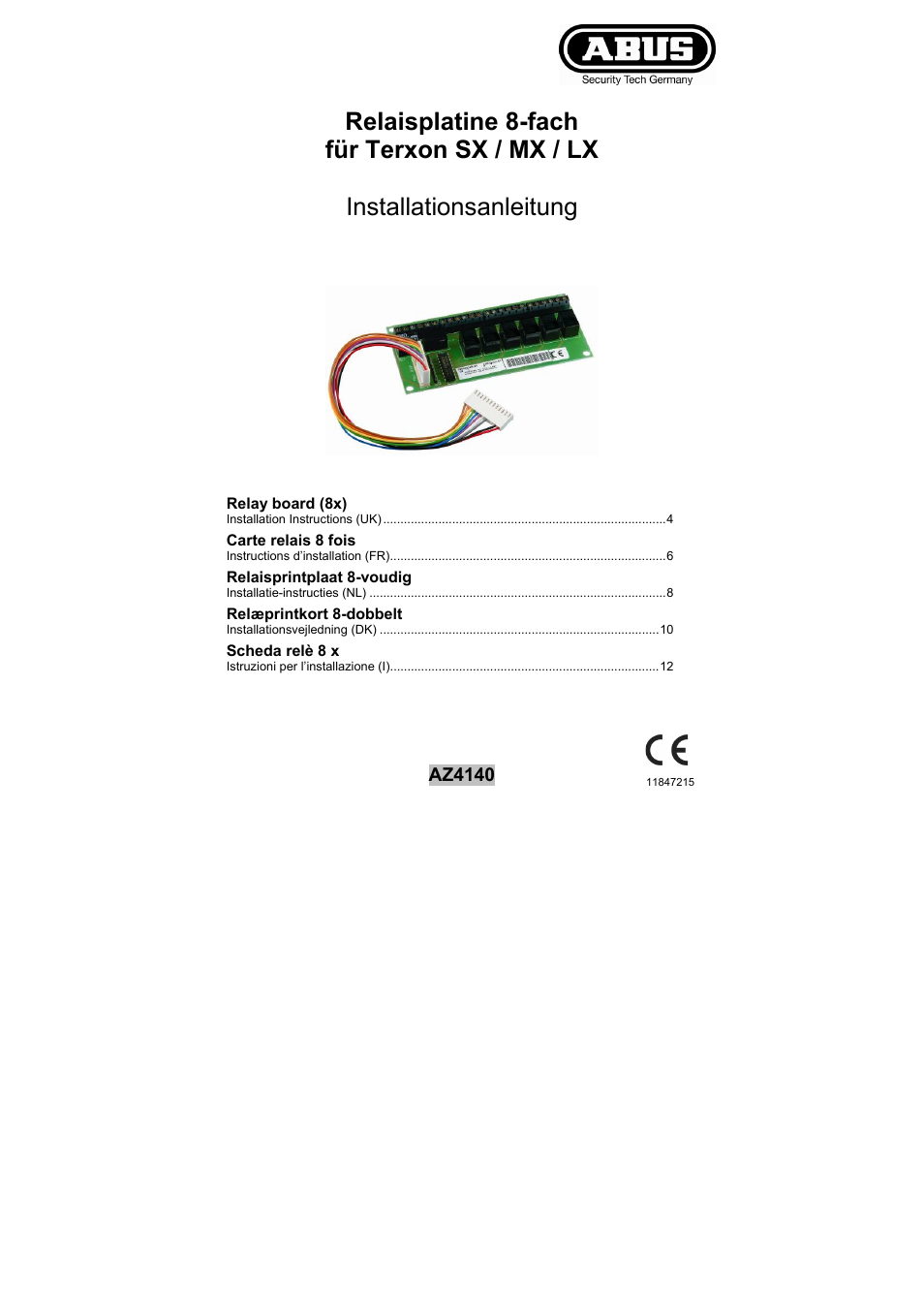 ABUS AZ4140 Relay board for the Terxon SX_MX_LX, 8 outputs User Manual | 14 pages