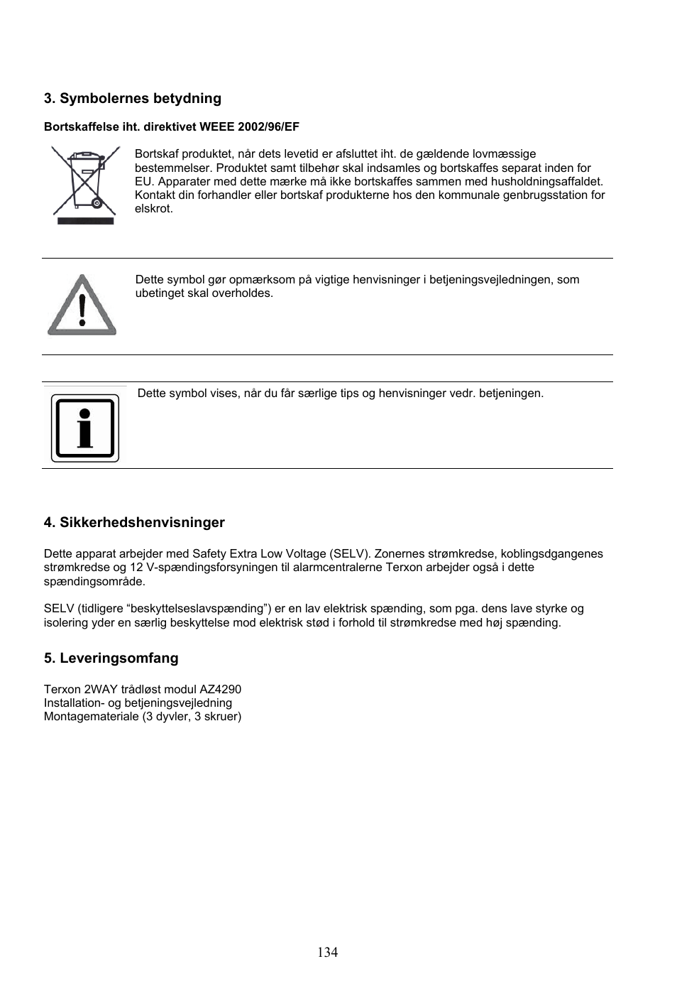 134 3. symbolernes betydning, Sikkerhedshenvisninger, Leveringsomfang | ABUS AZ4290 Terxon 2WAY Module User Manual | Page 134 / 156