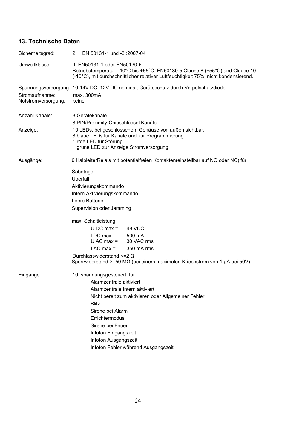 24 13. technische daten | ABUS AZ4290 Terxon 2WAY Module User Manual | Page 24 / 156