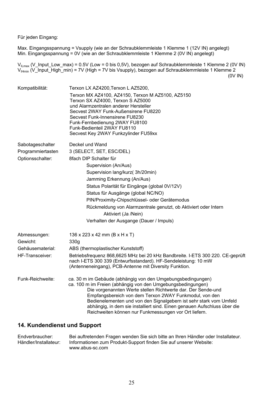 Kundendienst und support | ABUS AZ4290 Terxon 2WAY Module User Manual | Page 25 / 156