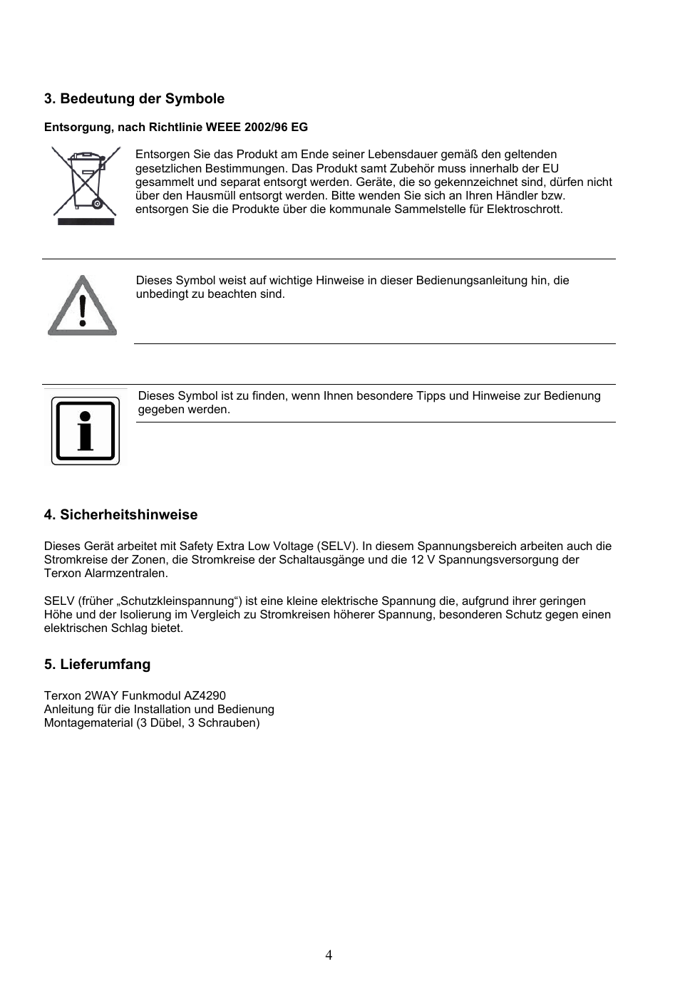 Bedeutung der symbole, Sicherheitshinweise, Lieferumfang | ABUS AZ4290 Terxon 2WAY Module User Manual | Page 4 / 156