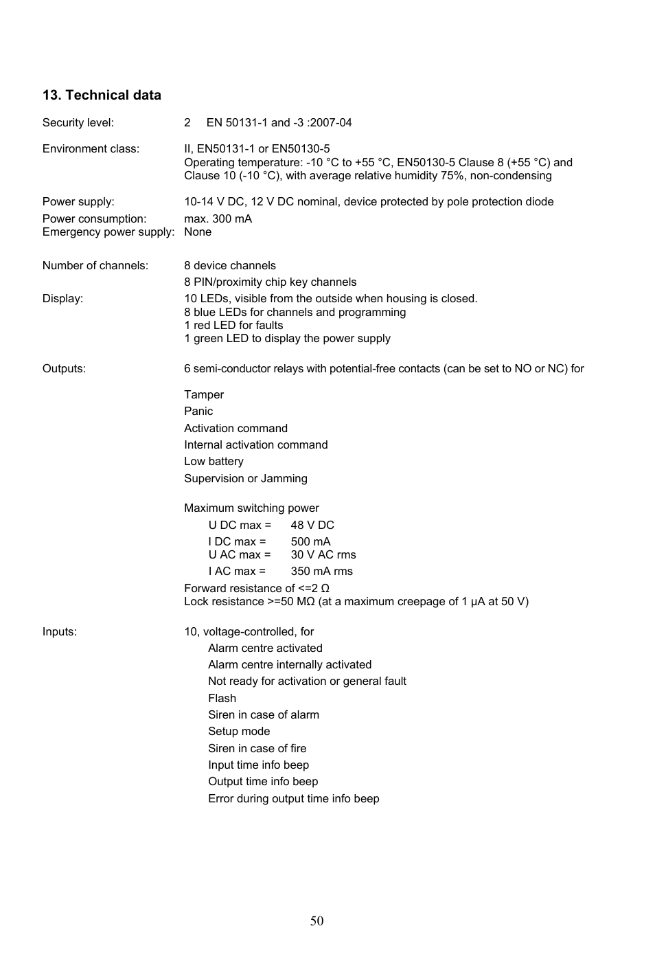 50 13. technical data | ABUS AZ4290 Terxon 2WAY Module User Manual | Page 50 / 156