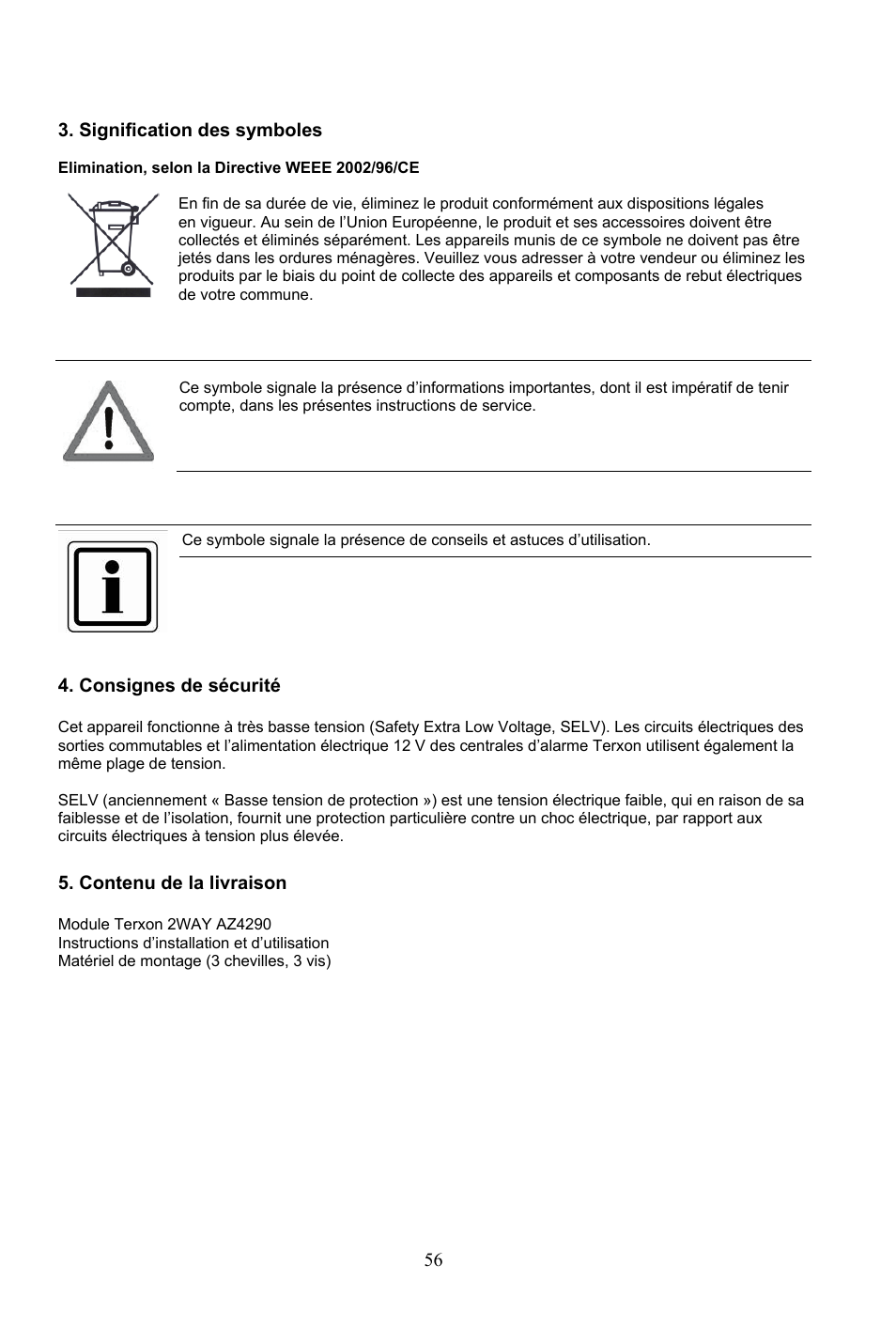 56 3. signification des symboles, Consignes de sécurité, Contenu de la livraison | ABUS AZ4290 Terxon 2WAY Module User Manual | Page 56 / 156