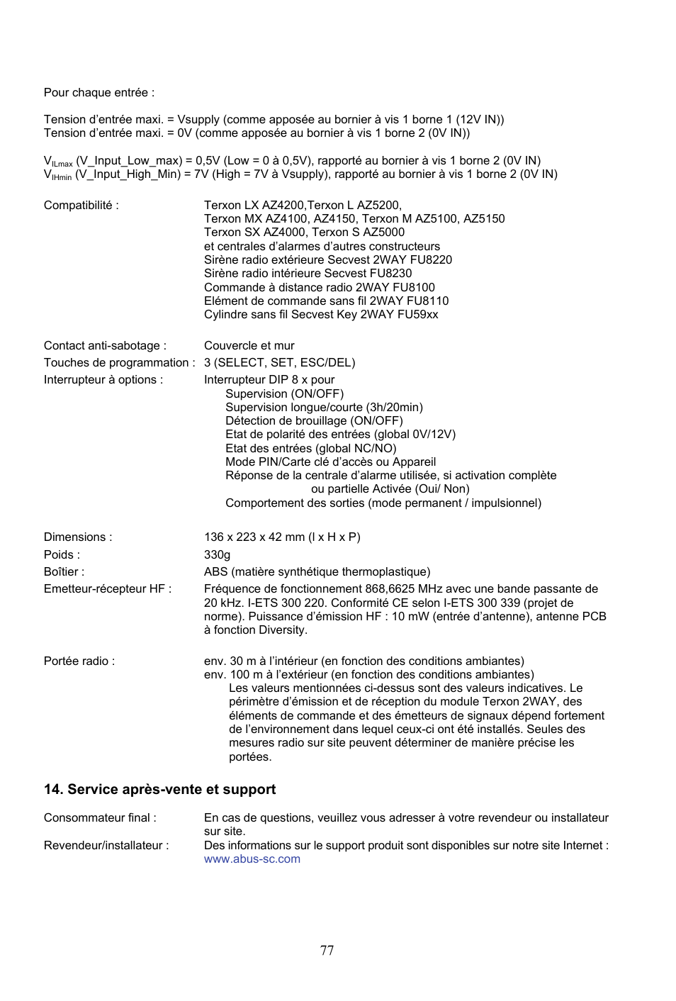 Service après-vente et support | ABUS AZ4290 Terxon 2WAY Module User Manual | Page 77 / 156