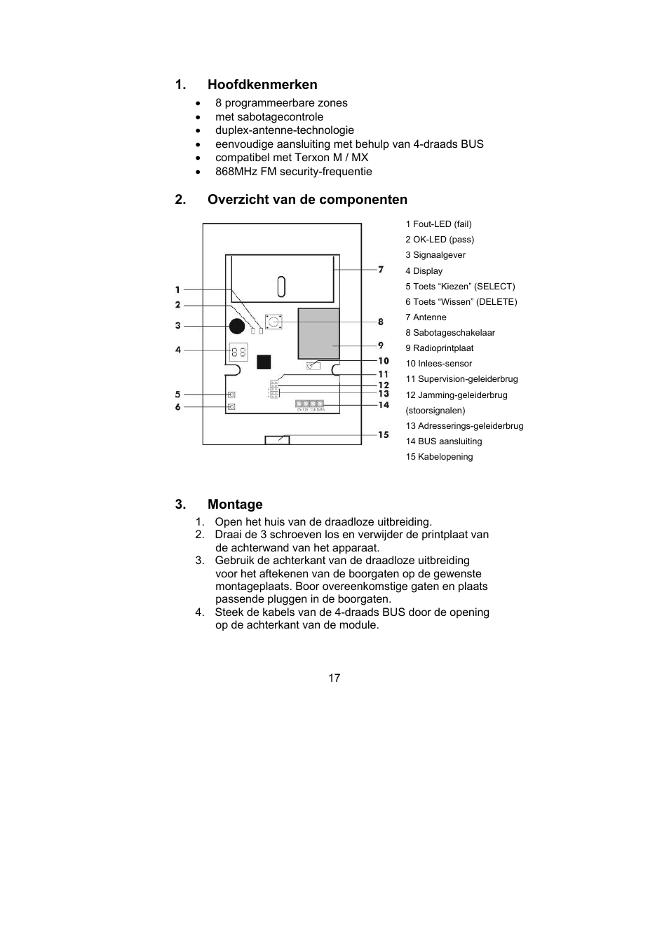 Hoofdkenmerken, Overzicht van de componenten, Montage | ABUS AZ4120 Terxon MX 8-zone Wireless Extension User Manual | Page 17 / 32