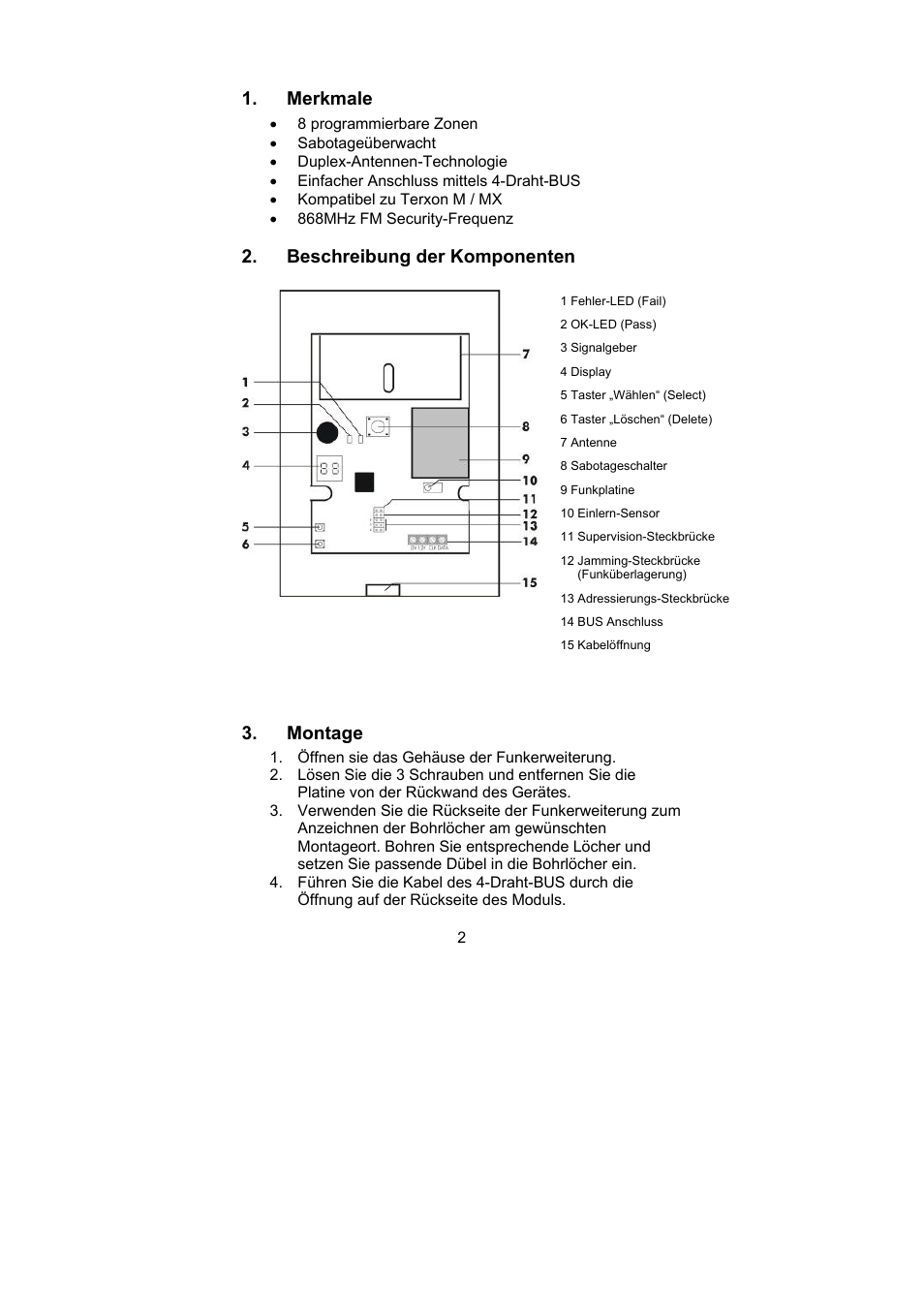 Merkmale, Beschreibung der komponenten, Montage | ABUS AZ4120 Terxon MX 8-zone Wireless Extension User Manual | Page 2 / 32