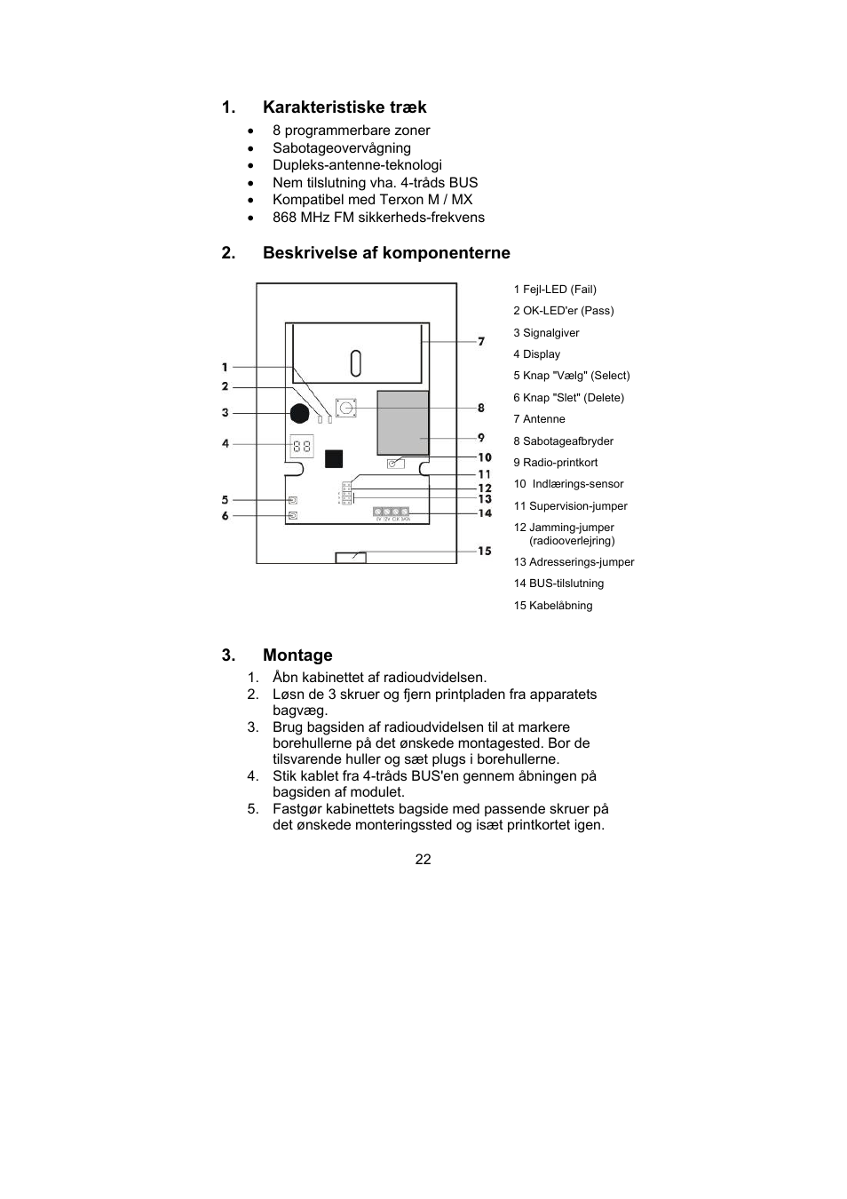 Karakteristiske træk, Beskrivelse af komponenterne, Montage | ABUS AZ4120 Terxon MX 8-zone Wireless Extension User Manual | Page 22 / 32
