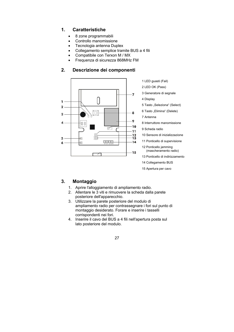 Caratteristiche, Descrizione dei componenti, Montaggio | ABUS AZ4120 Terxon MX 8-zone Wireless Extension User Manual | Page 27 / 32