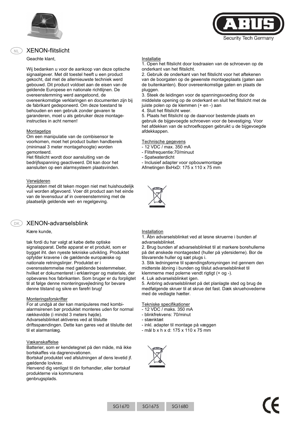 Xenon-flitslicht, Xenon-advarselsblink | ABUS SG1680 Xenon flashing light User Manual | Page 3 / 4