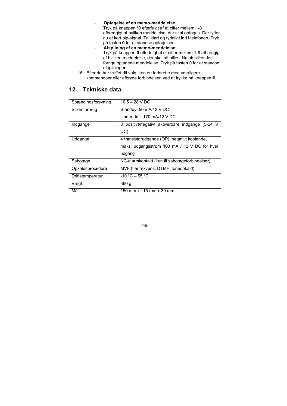 Tekniske data | ABUS AZ6302 Terxon GSM dialer User Manual | Page 245 / 245
