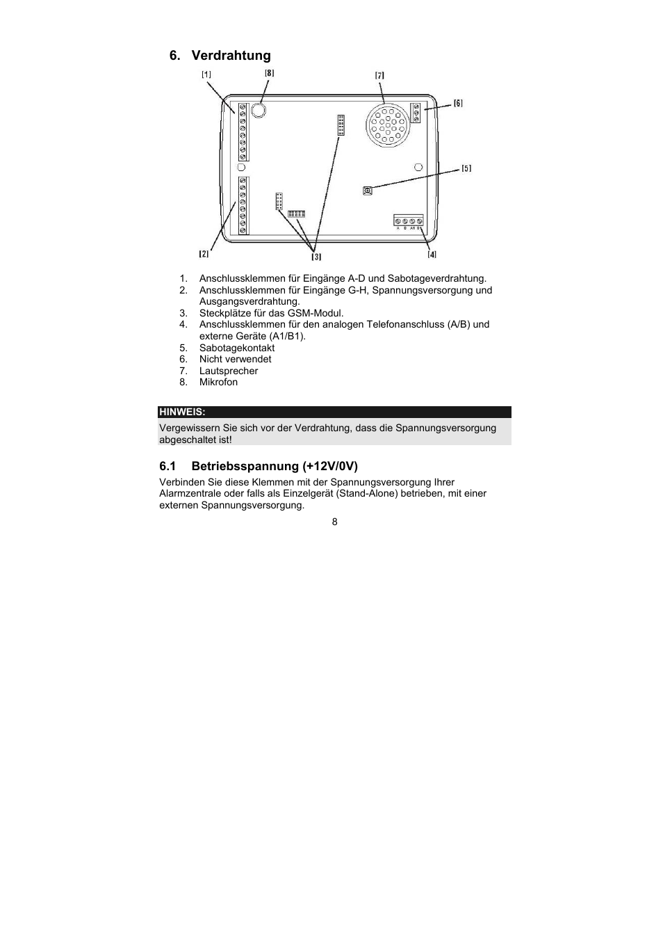 Verdrahtung | ABUS AZ6302 Terxon GSM dialer User Manual | Page 8 / 245