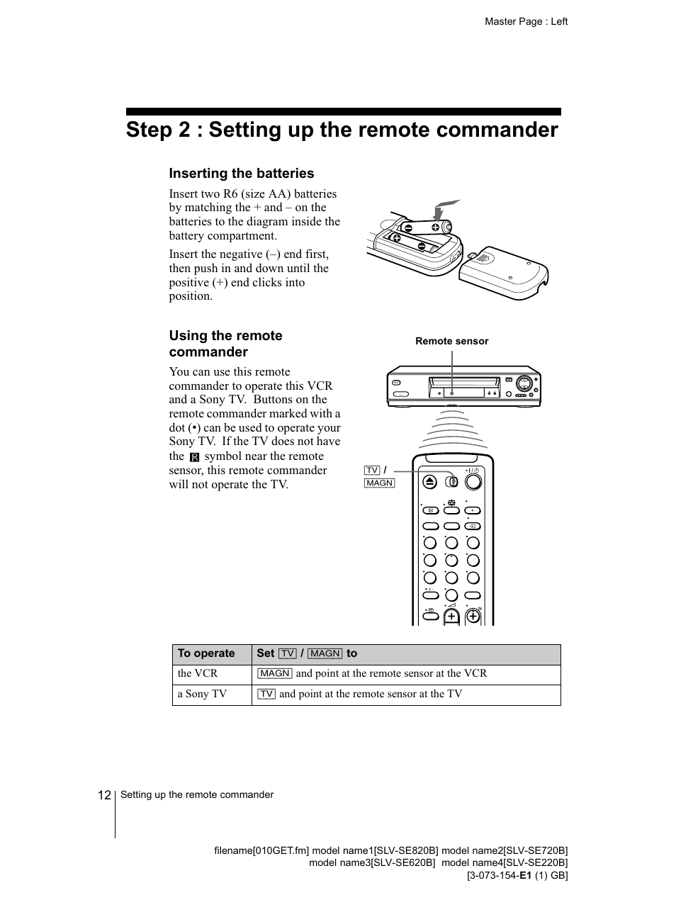 Step 2 : setting up the remote commander | Sony SLV-SE220B User Manual | Page 12 / 80