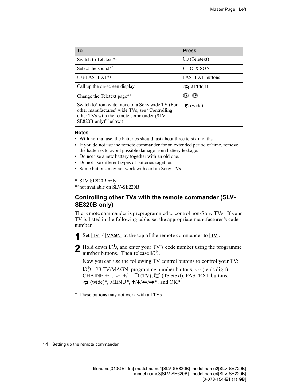 Tv)*^ (14) | Sony SLV-SE220B User Manual | Page 14 / 80