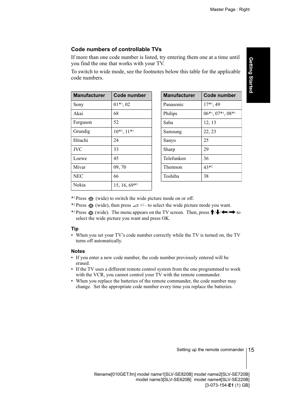 Code numbers of controllable tvs, Notes | Sony SLV-SE220B User Manual | Page 15 / 80