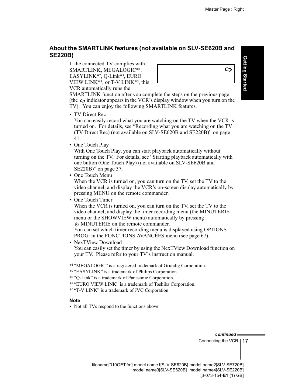 Note, Smartlink) indicator (17) | Sony SLV-SE220B User Manual | Page 17 / 80