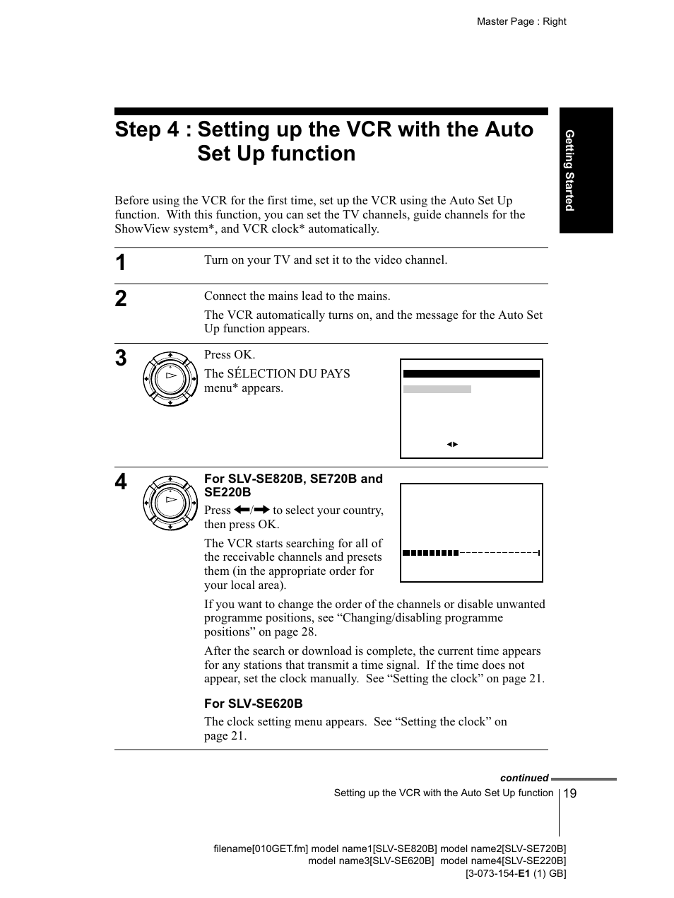 For slv-se820b, se720b and se220b, For slv-se620b | Sony SLV-SE220B User Manual | Page 19 / 80