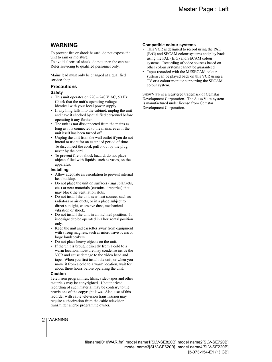 Precautions, Warning | Sony SLV-SE220B User Manual | Page 2 / 80