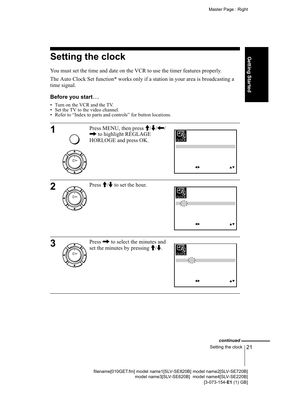 Before you starts, N (21), Rewind)/< button (21) | Fast-forward)/, button (21), Setting the clock | Sony SLV-SE220B User Manual | Page 21 / 80