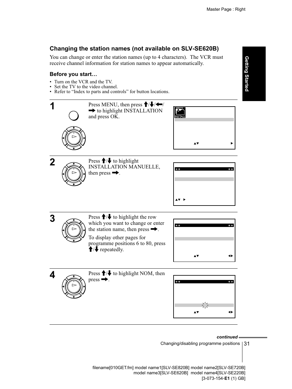 Before you starts, Press m / m to highlight nom, then press | Sony SLV-SE220B User Manual | Page 31 / 80