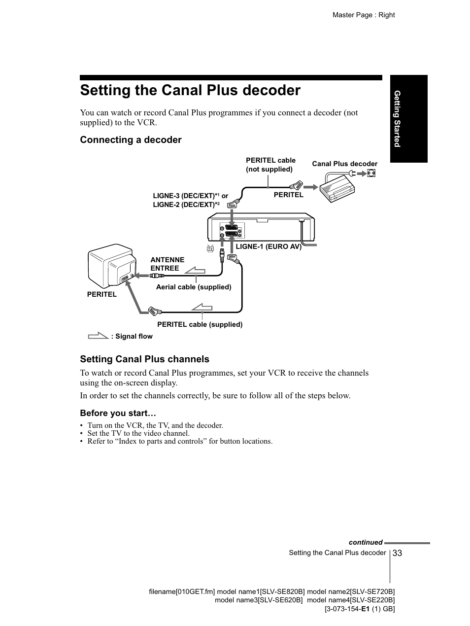 Before you starts, Setting the canal plus decoder | Sony SLV-SE220B User Manual | Page 33 / 80