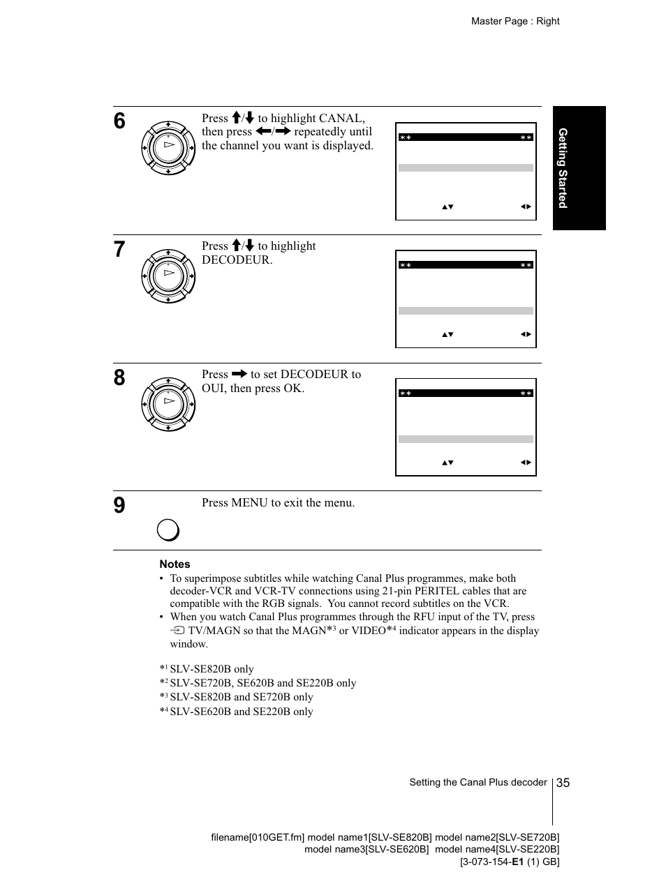 Press mm to highlight decodeur, 8press , to set decodeur to oui, then press ok, Press menu to exit the menu | Slv-se820b only | Sony SLV-SE220B User Manual | Page 35 / 80