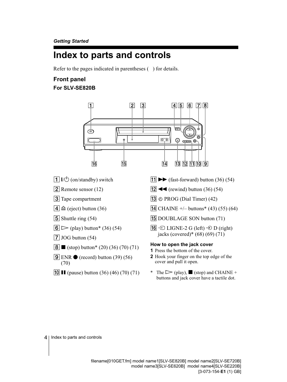 Front panel for slv-se820b, How to open the jack cover, Getting started | Index to parts and controls | Sony SLV-SE220B User Manual | Page 4 / 80