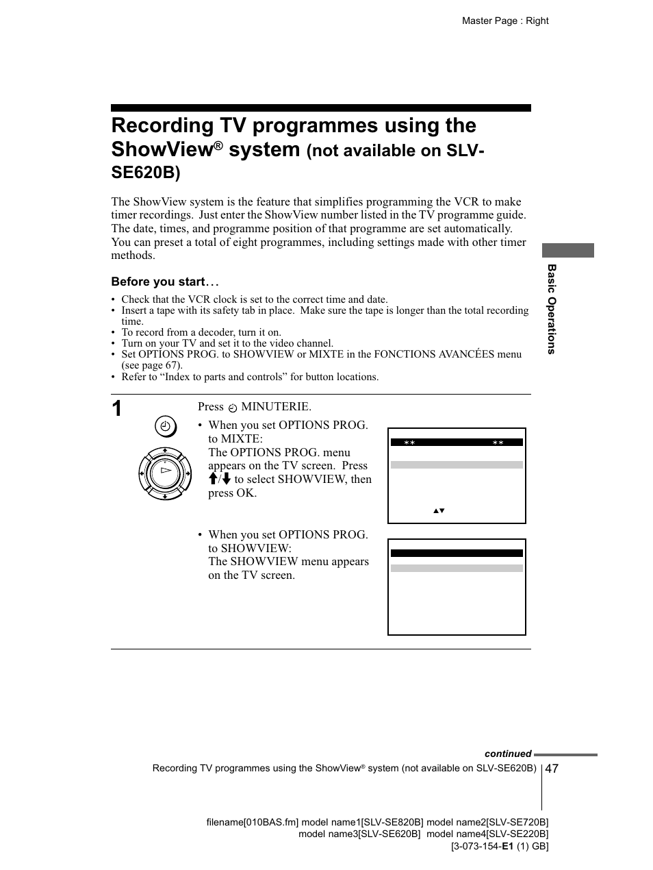 Before you starts, Minuterie button (47) (51), Recording tv programmes using the showview® system | Not available on slv- se620b) | Sony SLV-SE220B User Manual | Page 47 / 80