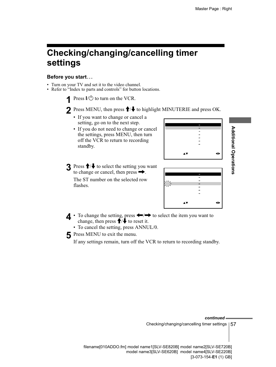 Before you starts, Checking/changing/cancelling timer settings | Sony SLV-SE220B User Manual | Page 57 / 80