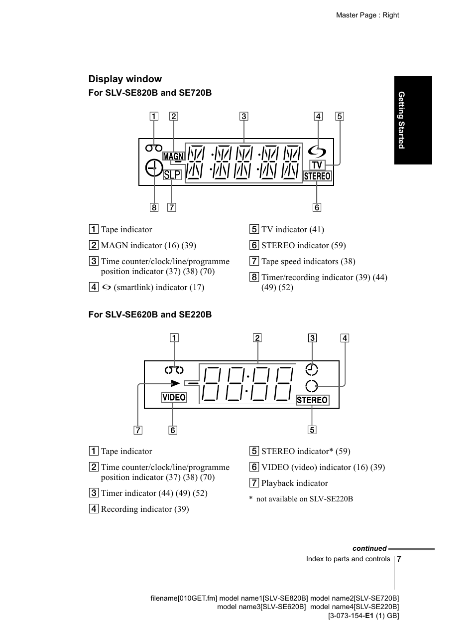 For slv-se820b and se720b, For slv-se620b and se220b | Sony SLV-SE220B User Manual | Page 7 / 80