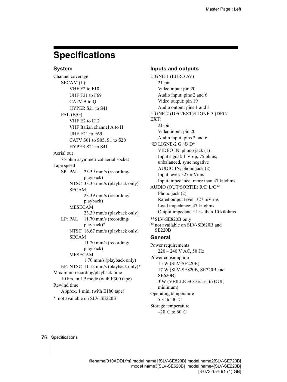 System, Inputs and outputs, General | Specifications | Sony SLV-SE220B User Manual | Page 76 / 80