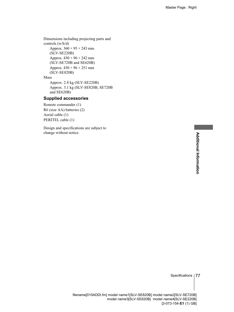 Supplied accessories | Sony SLV-SE220B User Manual | Page 77 / 80