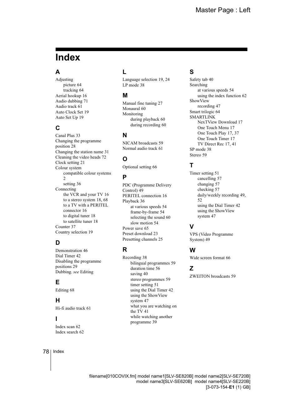 78 index, Index | Sony SLV-SE220B User Manual | Page 78 / 80