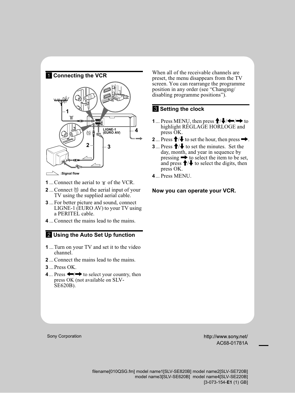 Quick start guide, I connecting the vcr, 3 setting the clock | Now you can operate your vcr, 2 using the auto set up function, Http://www.sony.net | Sony SLV-SE220B User Manual | Page 80 / 80