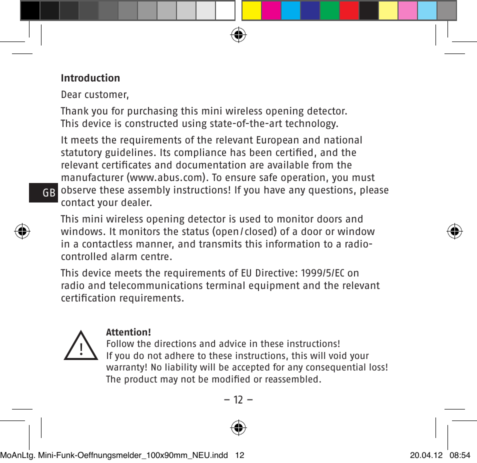 ABUS FUMK50020 Secvest Mini Wireless Magnetic Contact Detector User Manual | Page 12 / 52