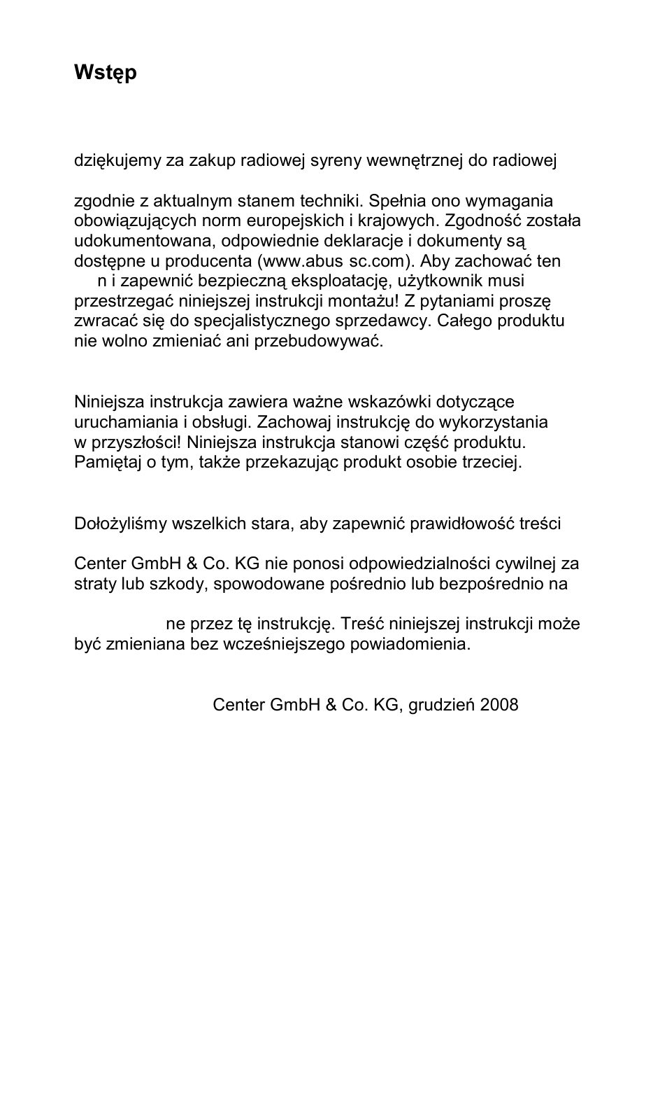 Wstęp | ABUS FU8230 Secvest Wireless Indoor Sounder User Manual | Page 42 / 48