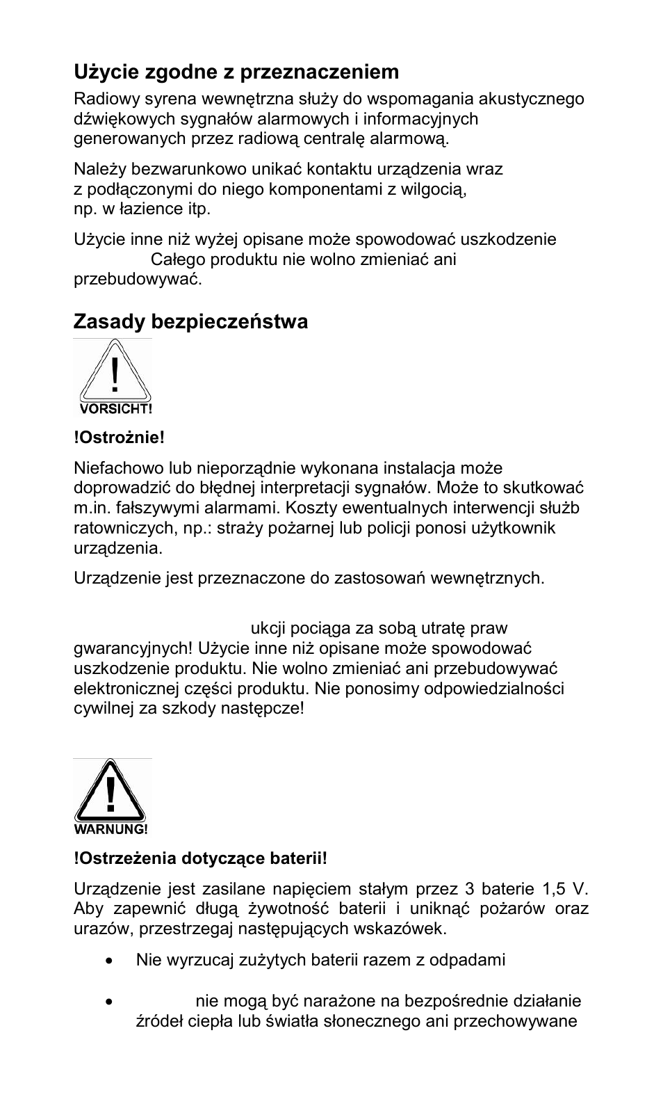 Użycie zgodne z przeznaczeniem, Zasady bezpieczeństwa | ABUS FU8230 Secvest Wireless Indoor Sounder User Manual | Page 43 / 48
