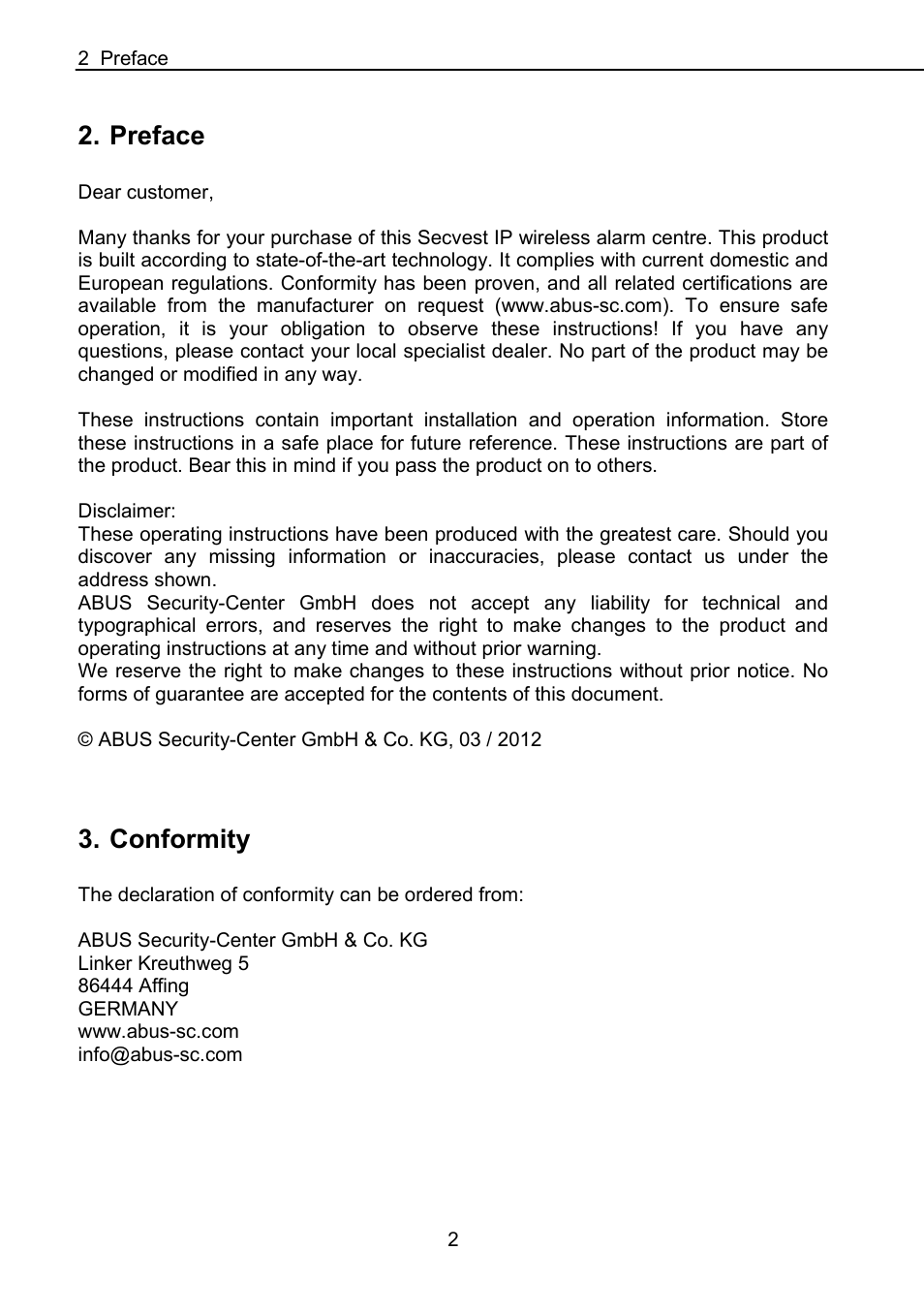 Preface, Conformity | ABUS FUAA10021 Secvest IP Basic Set Operating instructions User Manual | Page 3 / 81