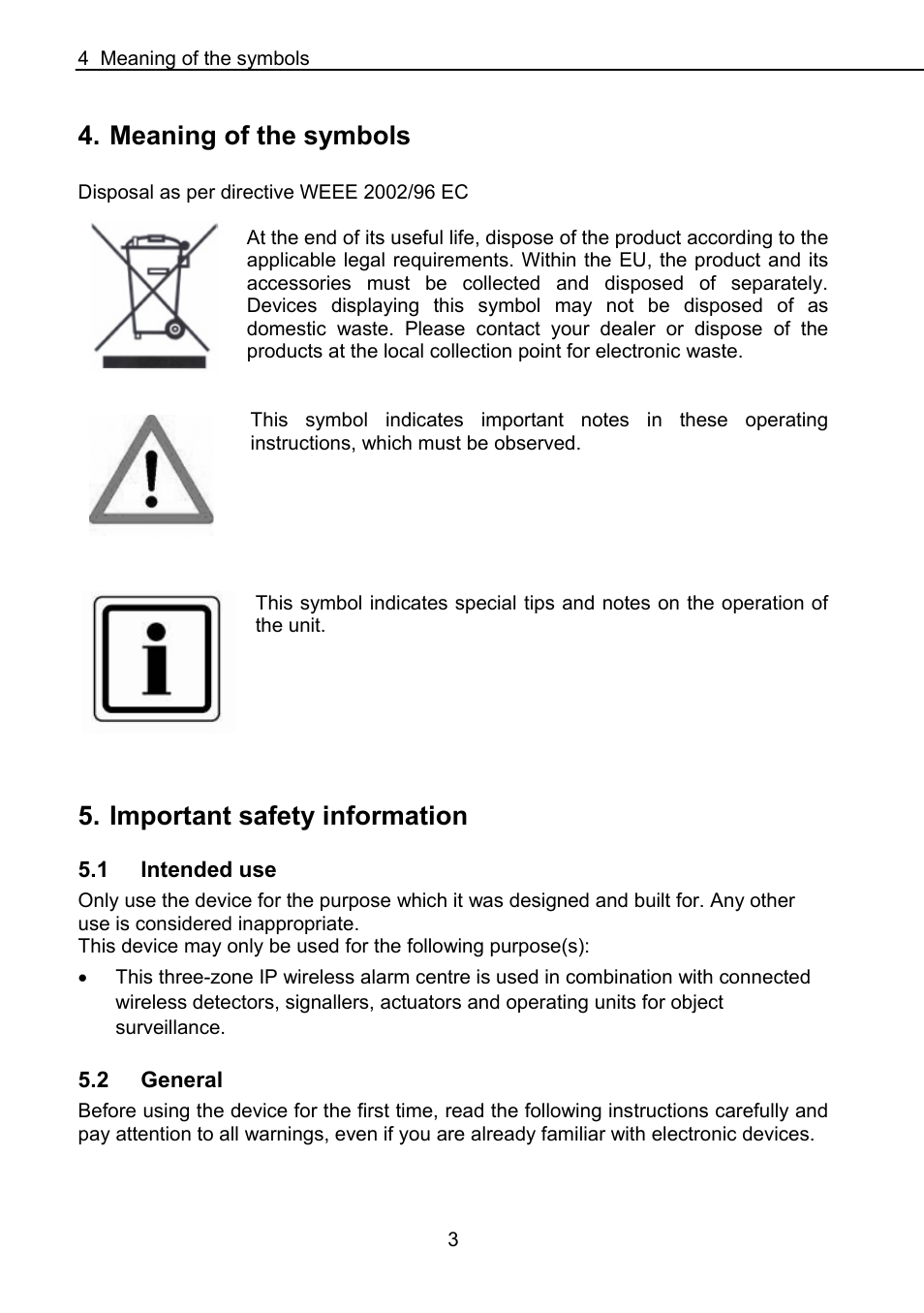 Meaning of the symbols, Important safety information | ABUS FUAA10021 Secvest IP Basic Set Operating instructions User Manual | Page 4 / 81