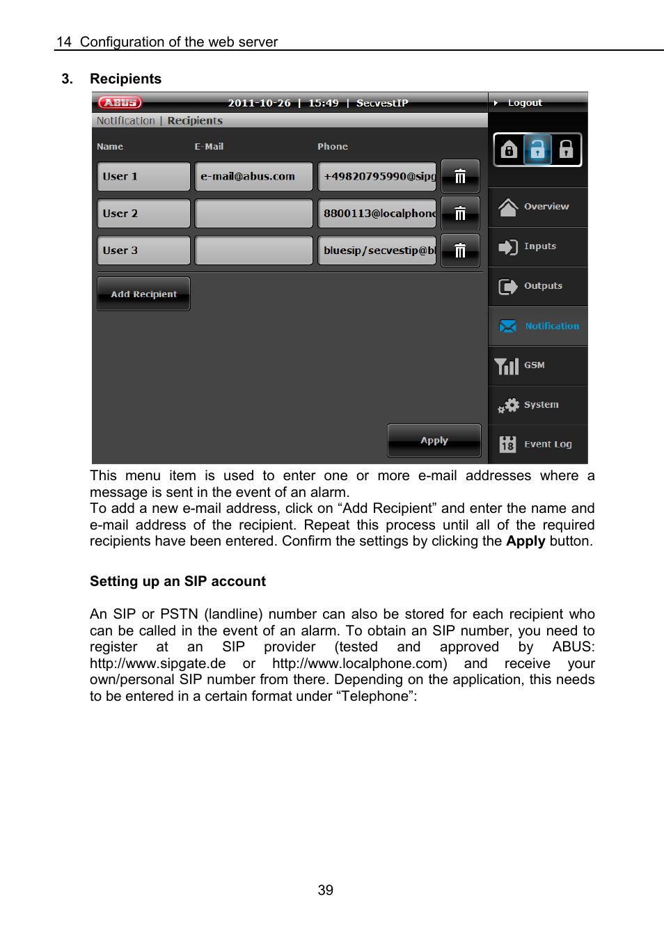 14 configuration of the web server 39, Recipients | ABUS FUAA10021 Secvest IP Basic Set Operating instructions User Manual | Page 40 / 81