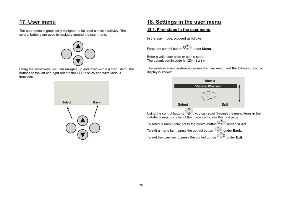 User menu, Settings in the user menu | ABUS FU8006 Secvest 2WAY Wireless Alarm Control Panel (UK, DK, IT) Operating instructions User Manual | Page 20 / 47