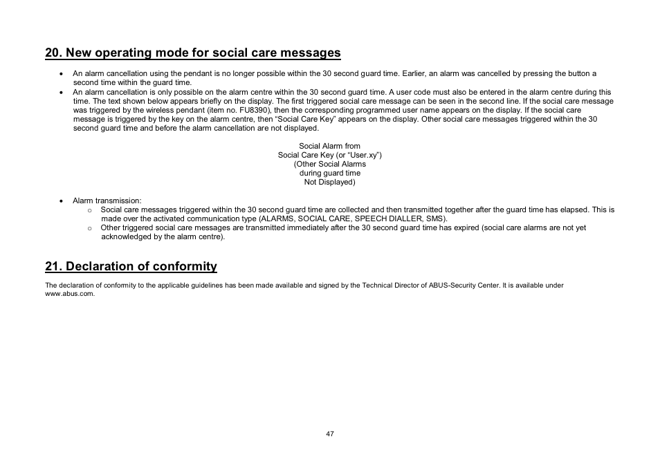 New operating mode for social care messages, Declaration of conformity | ABUS FU8006 Secvest 2WAY Wireless Alarm Control Panel (UK, DK, IT) Operating instructions User Manual | Page 47 / 47