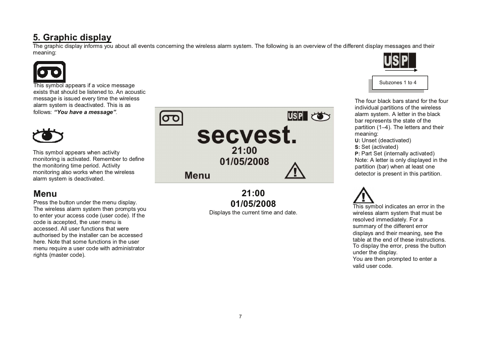 Graphic display, Menu | ABUS FU8006 Secvest 2WAY Wireless Alarm Control Panel (UK, DK, IT) Operating instructions User Manual | Page 7 / 47